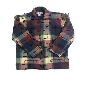 Keren Hart Multi Color Textured Plaid Jacket with Prominent Fringe Sz M Artsy